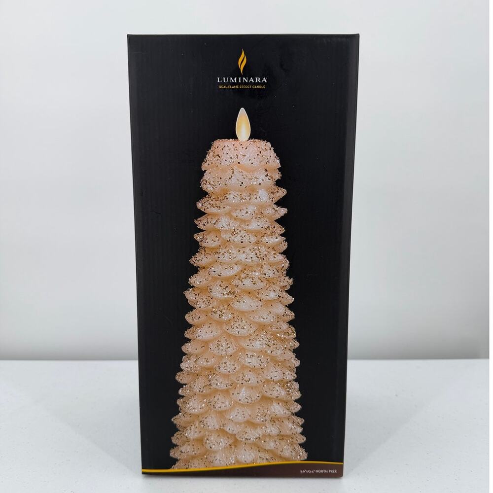 BRAND NEW Luminara Flameless Wax Glitter Candle North Tree White Swan 13 inches